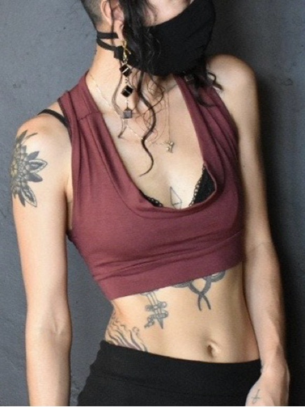 Dusty Rose Sleeveless Crop Top- Burgundy cowl neck, Rivetted, Small S, handmade